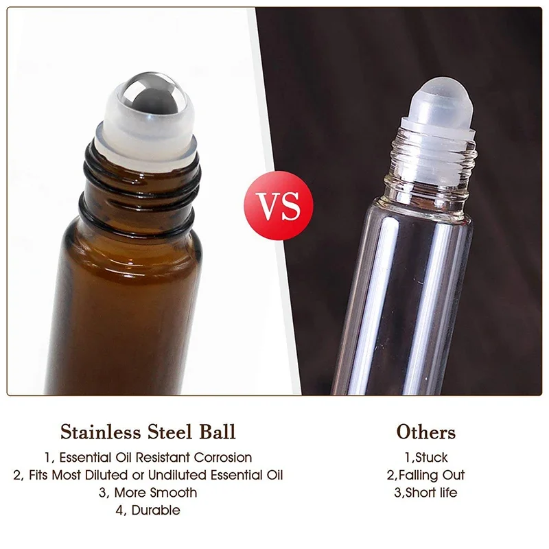 10PCS 5/10ml Amber Glass Empty Roll on Bottles Refillable Sample Test Essential Oil Vials with Roller Ball Liquid Container