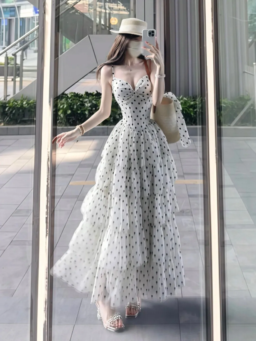 

Vacation Style Polka Dot Puffy Sleeve V-Neck Dress Unique Beautiful Summer Cake Skirt Dress Casual City Commute Campus Date