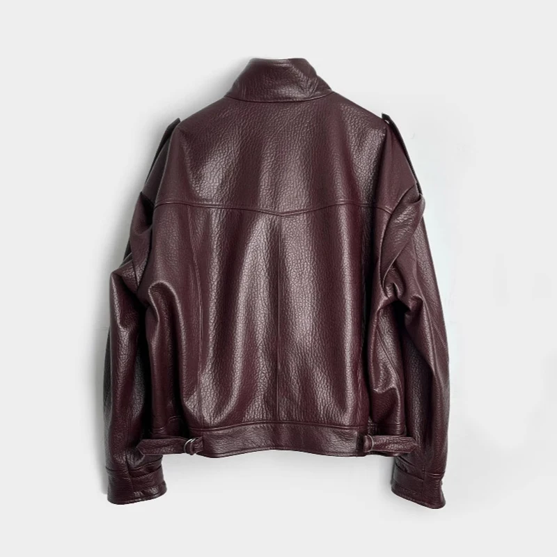 Leder Mantel Frühling Herbst Frauen Kleine Stehkragen Tasche Lose Importiert Neuseeland Schaum Haut Schaffell Chaqueta Ecocuero Burdeo