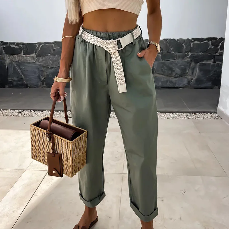 

Office Female 2024 Mid Waist Commute Pant with Belt Trendy Elastic Waist Solid Trousers Women Elegant Pocket Slim Straight Pants