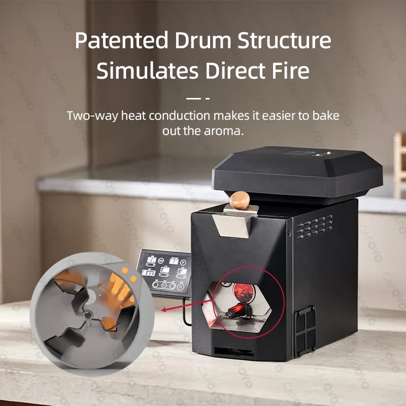 CAFOVO RE-3 200g Electric Coffee Bean Roaster Machine Simulates Direct Fire Stirring Baking Intelligent Dual Mode for Home Use