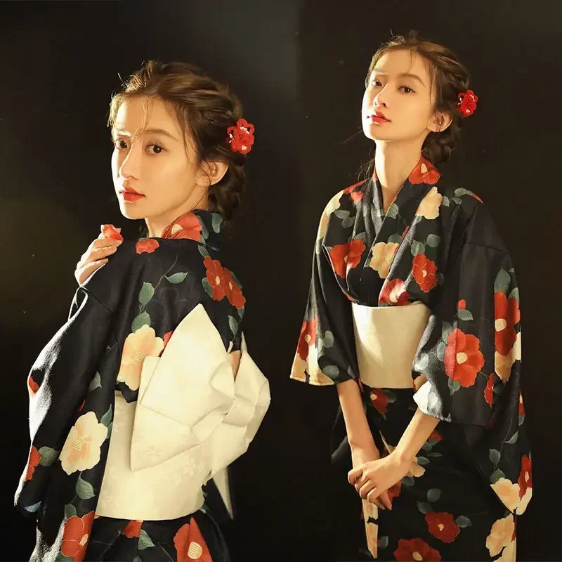 Mode tren nasional Kimono seksi wanita Yukata dengan Obi baju Malam baru kostum Cosplay Jepang satu ukuran Floral