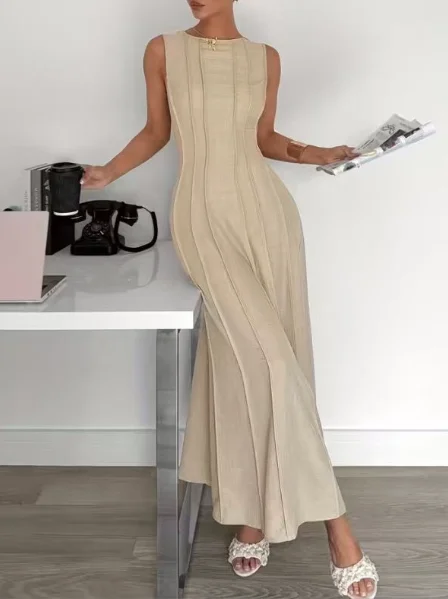 

Women's Sleeveless Long Dress Vertical Seam Detail High Waist A-Line Dress Elegant Office Wear Casual Formal Occasion Outfit