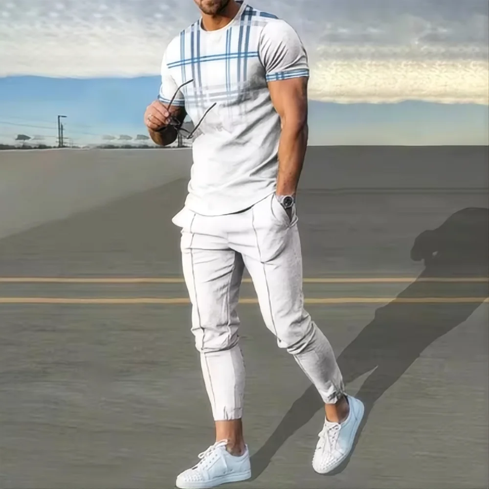 Summer men\'s sportswear set short sleeved T-shirt long pants two-piece set men\'s sportswear 3D printed casual trend oversized