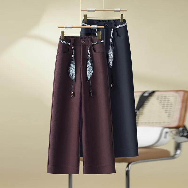 

Универсальные широкие брюки, осенний новый стиль, элегантные повседневные прямые брюки с высокой талией для похудения с девятью точками