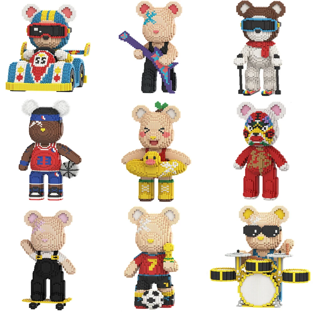 

Sports Stars Bear Mini Building Block Art Guitar Football Basketball Skiing Bear Ornament DIY Assembly Brick for Chirstmas Gift