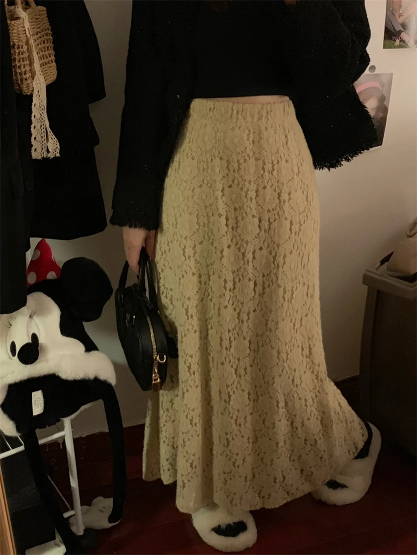 

Alien Kitty Lace Plush Women Maxi Skirts Gentle Office Lady 2024 Spring Slim Sweet Florals Elegant All Match Chic Daily Casual