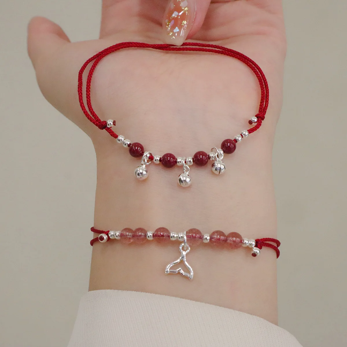 

Pure 925 Silver Bell Fish Tail Charm Strawberry Crystal Cinnabar Handmade Red Rope Chain Women Bracelet Lucky Year Jewelry 1618
