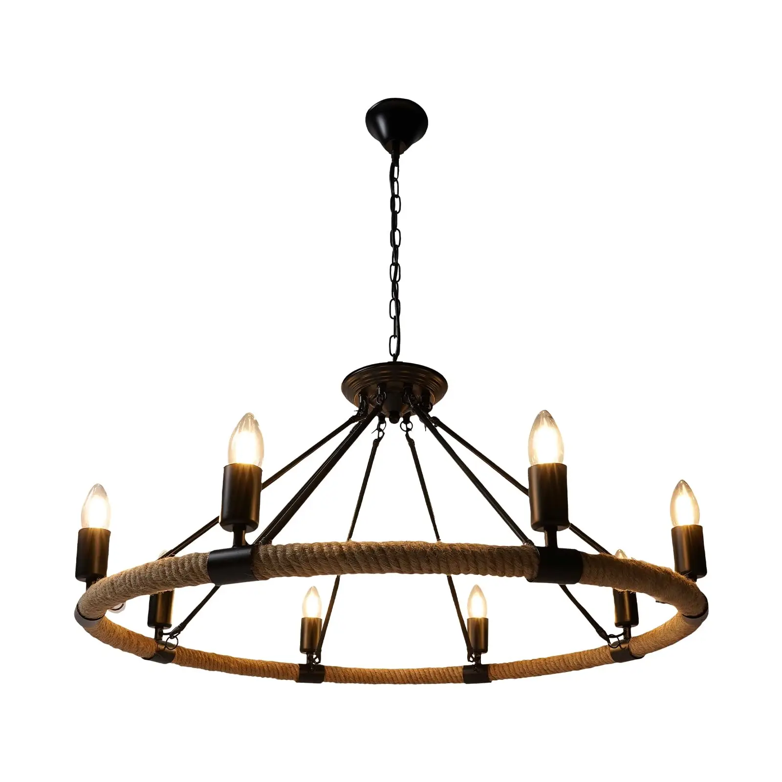 

31.5 英寸 8 Light Wagon Wheel Chandelier, Farmhouse Metal Round Chandeliers, Rustic Vintage Pendant Lighting Fixture, Black & Cr