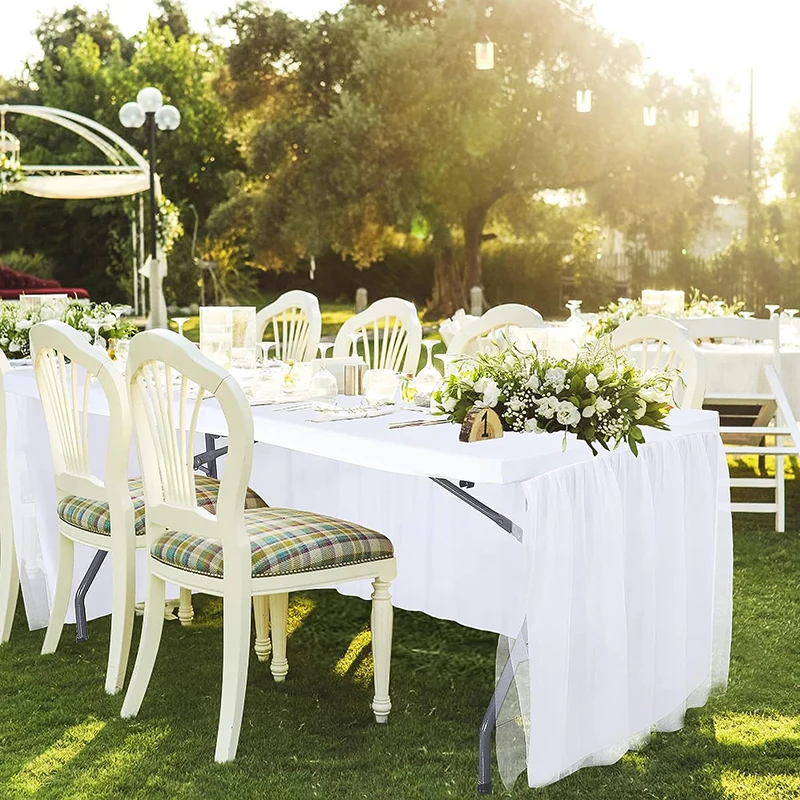 Faldas de mesa blancas, manteles semitransparentes de gasa para patio trasero, bodas, fiesta de cumpleaños, Baby Shower, pastel, cena, decoraciones de mesa