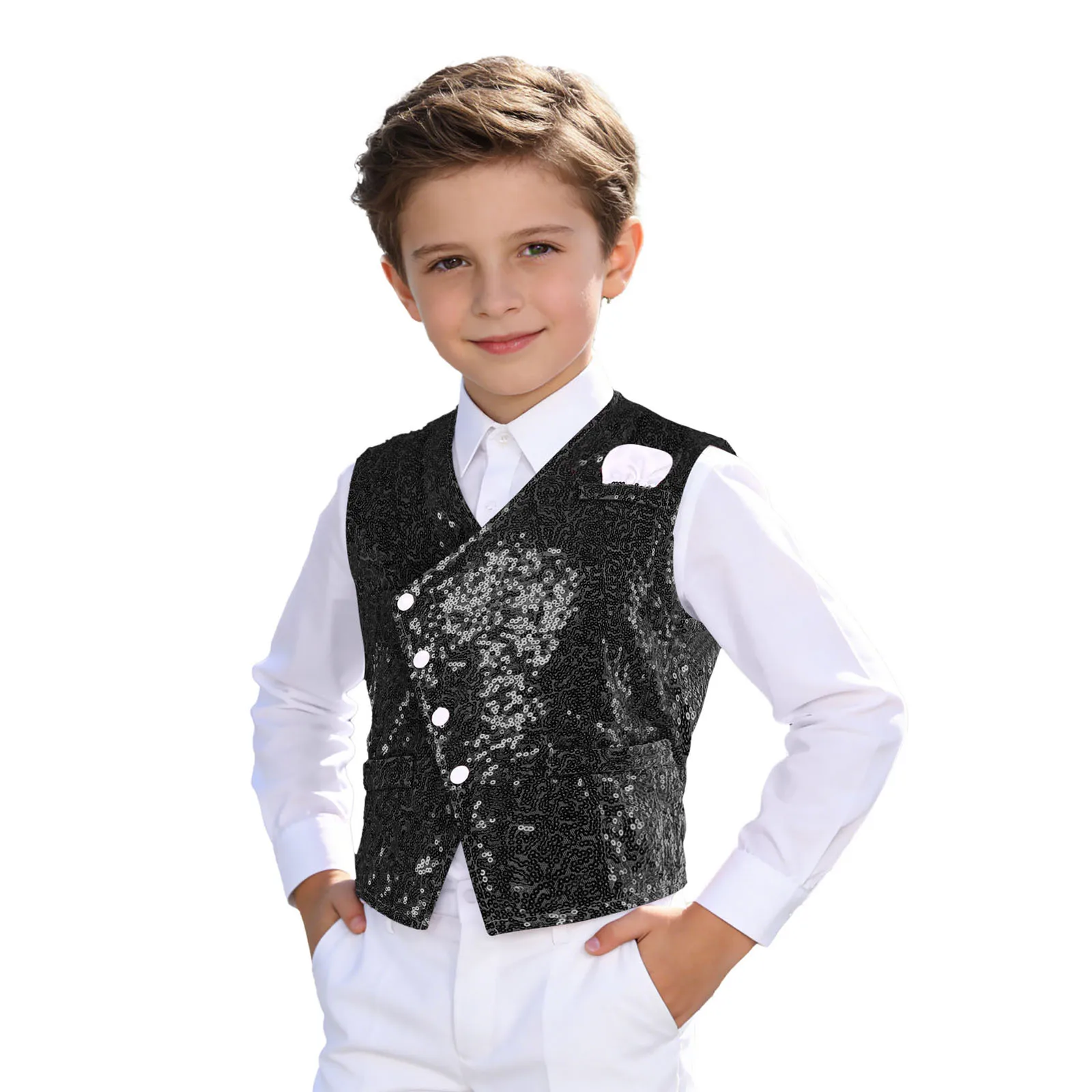 어린이 소년 반짝이 스팽글 댄스 조끼 패션 아동 버튼다운 조끼 탱크탑 생일 파티 프롬 웨딩 코스튬 조끼