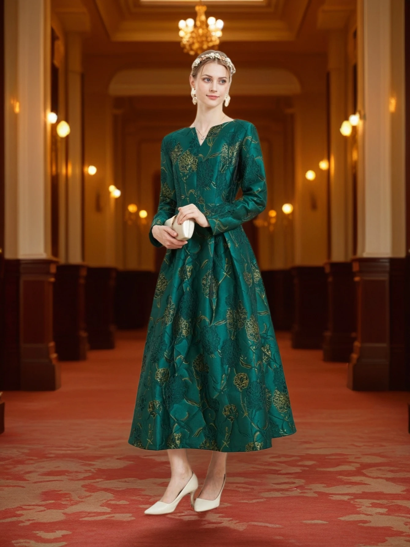 DEVCHATA Vintage mujer vestido Jacquard de manga larga Floral elegante vestido de fiesta para eventos de noche nueva llegada vestido de baile de moda