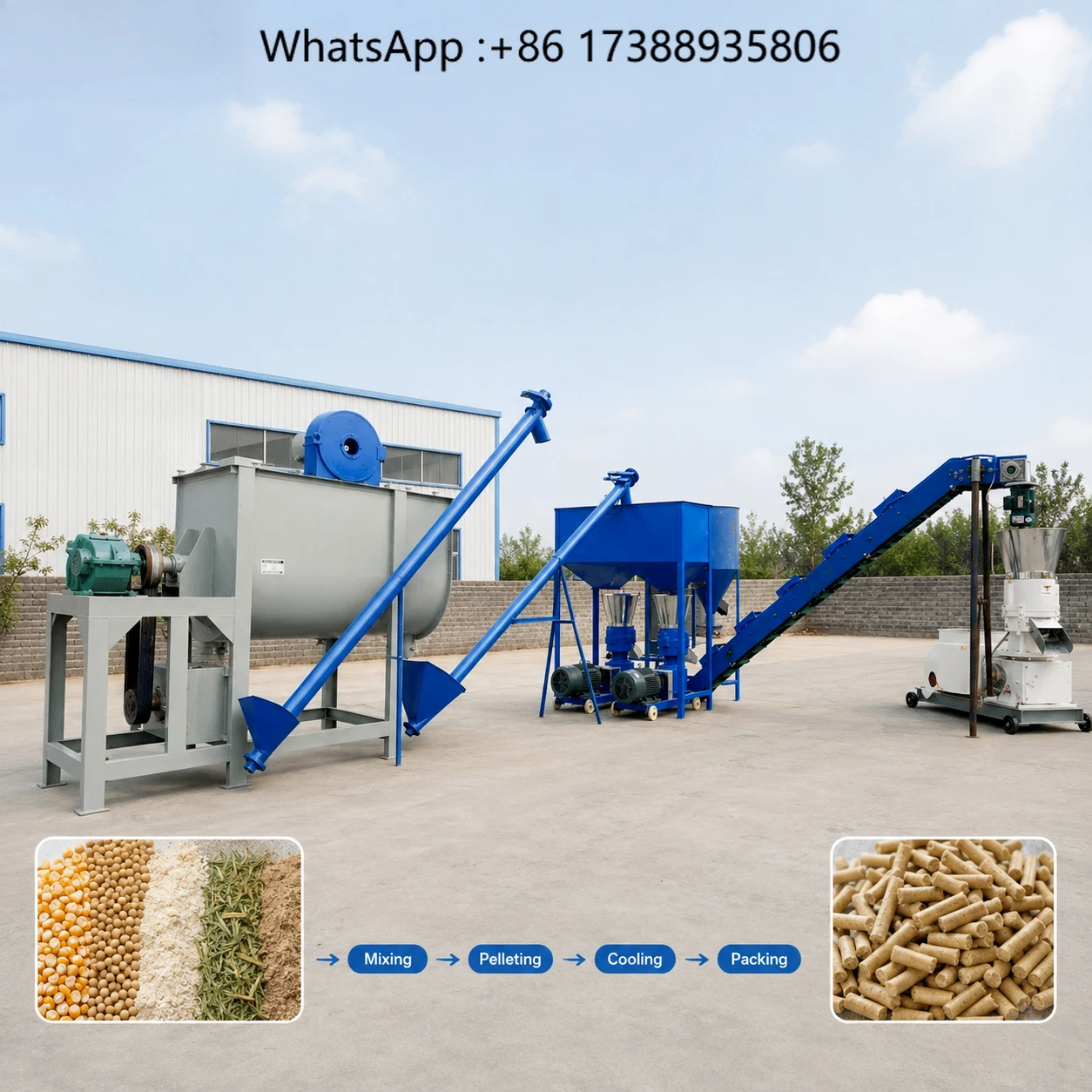 1-2TPH Animal Feed Mill Plant Chicken Cattle Sheep Pellet Production Equipment Automatic Packing System