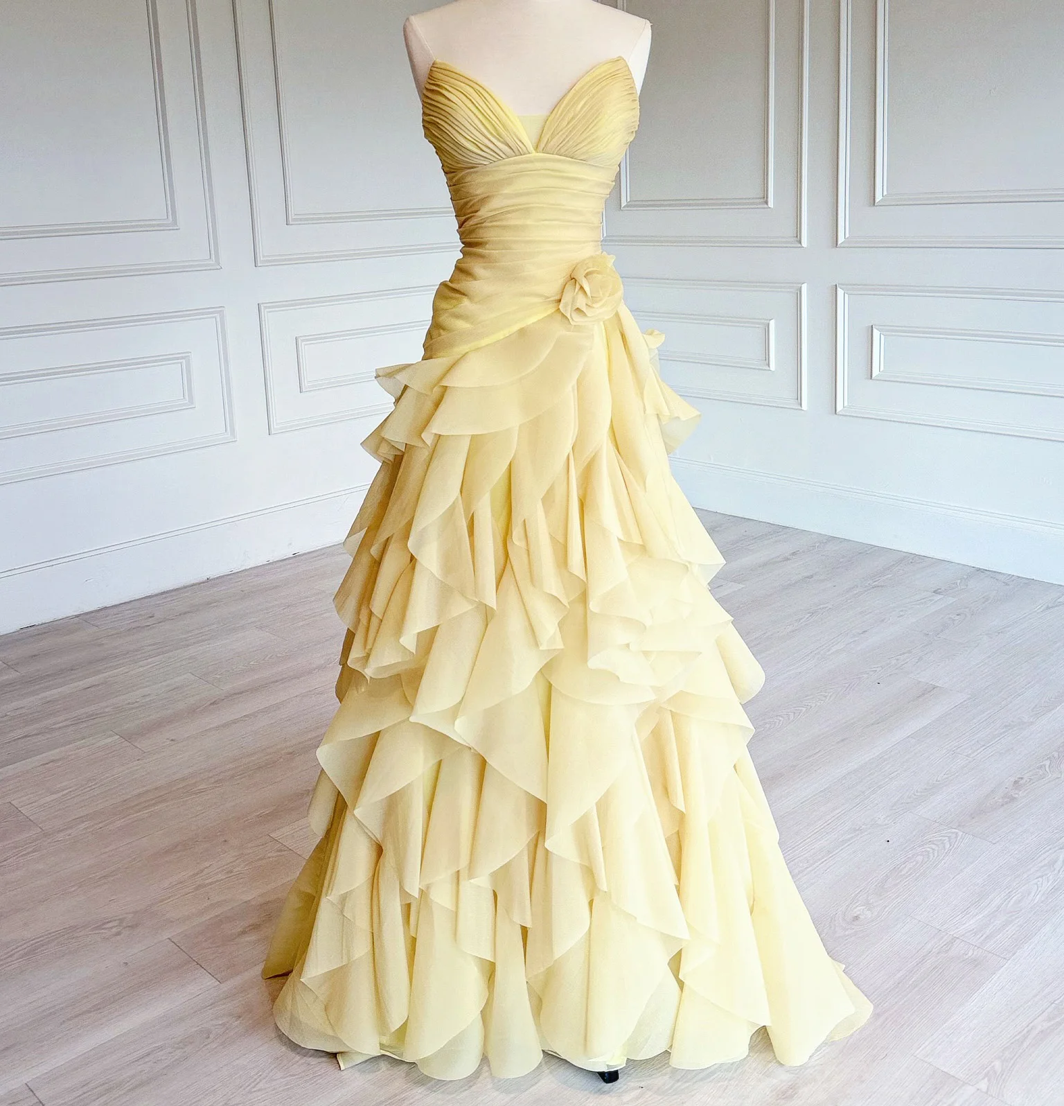 Fancy Yellow Chiffon Evening Dresses Sweetheart Layers Chiffon Party Dress Prom Gowns Lace-up/Zipper Back