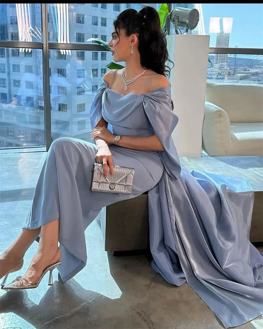 Sky Blue Luxury Evening Dress 2025 Off-Shoulder Waterfall Sleeve Mermaid Formal Gown Party Prom Dress Customized