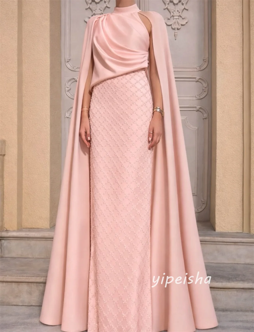 Customized Pink Matching Sparkle Beading Sequined Straight High Collar Long Dresses Evening Dresses Sizes Available High Quality