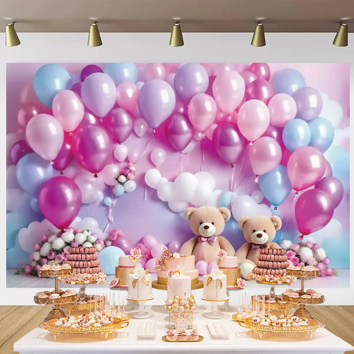 Umi Hot air balloon cloud teddy bear theme children birthday party decoration background baby shower first birthday photography