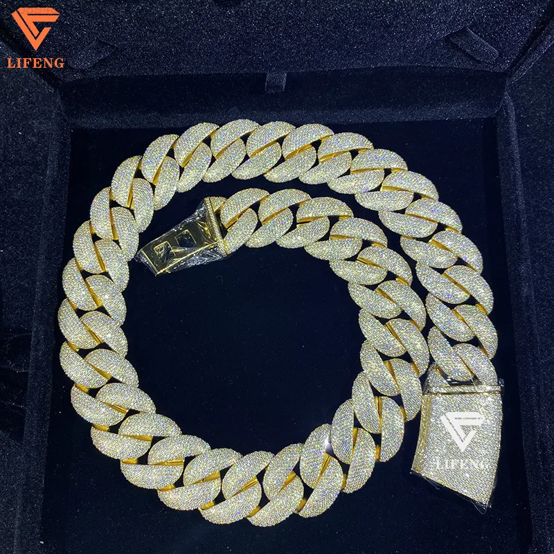 23mm Hip Hop Gold Plated Bubble Cuban Link Chain Iced Out 925 Silver VVS Moissanite Diamond Custom Necklace Fine Jewelry for Men