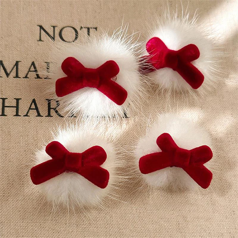 Lovely White Fur Ball Red Velvet Bow Hairpin Sweet Festive Hair Clip Girl Heart Bangs Clips Fashion Duckbill Clip Hair Accessory