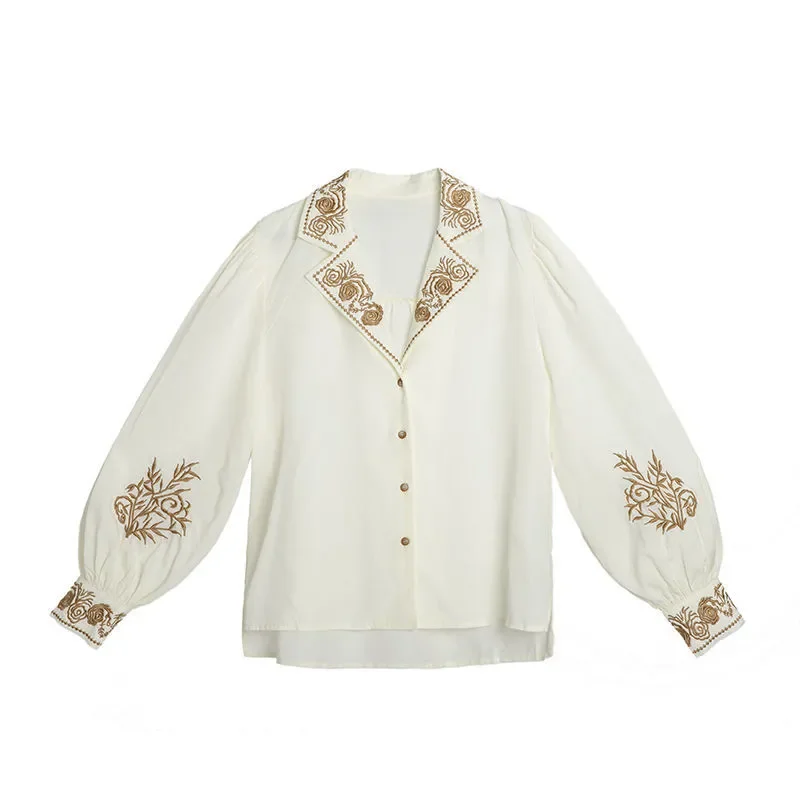 

Spring Autumn Women's Pullover Shirt 2024 New Fashion Embroidery Suit Collar Pure White Tops Elegant Button Outerwear Female