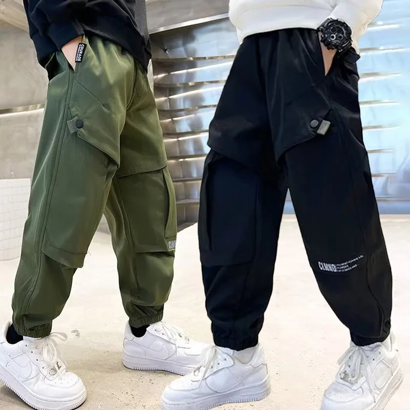 Spring Autumn Boys Cargo Pants Solid Letter Print Loose Cotton Sweatpants For Kids Clothes Casual Trousers 4 6 8 10 12 14 Years