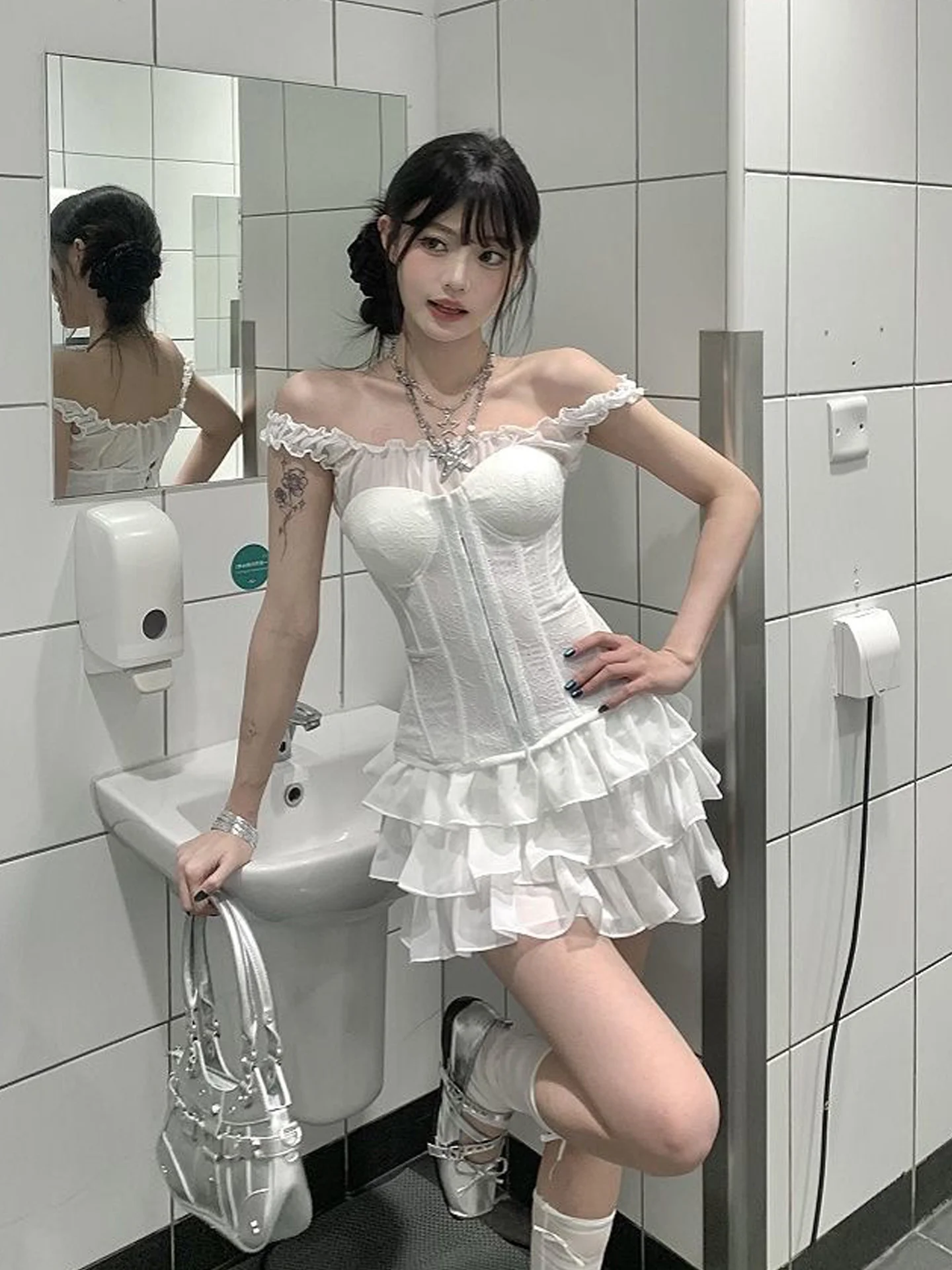 Sexy Spicy Girl Pure Desire Style White Cake A-Line  Skirt Two-Piece Set Women's Autumn New High Waist Elastic Waist