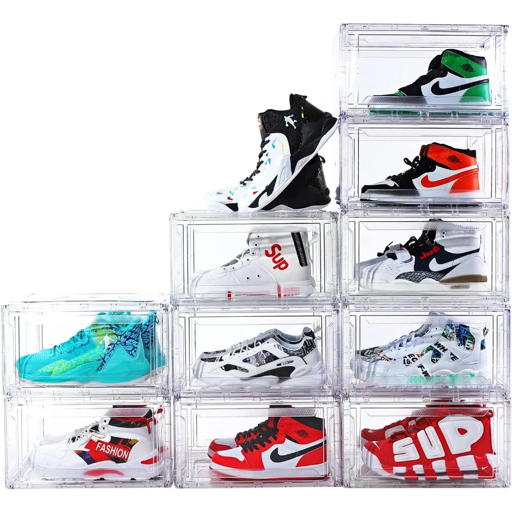 10 Pack Large Shoe Boxes Clear Stackable That Fits Up To Size 14 Shoes, Space Saving Acrylic Shoe Boxes Organizers Foldable Shoe