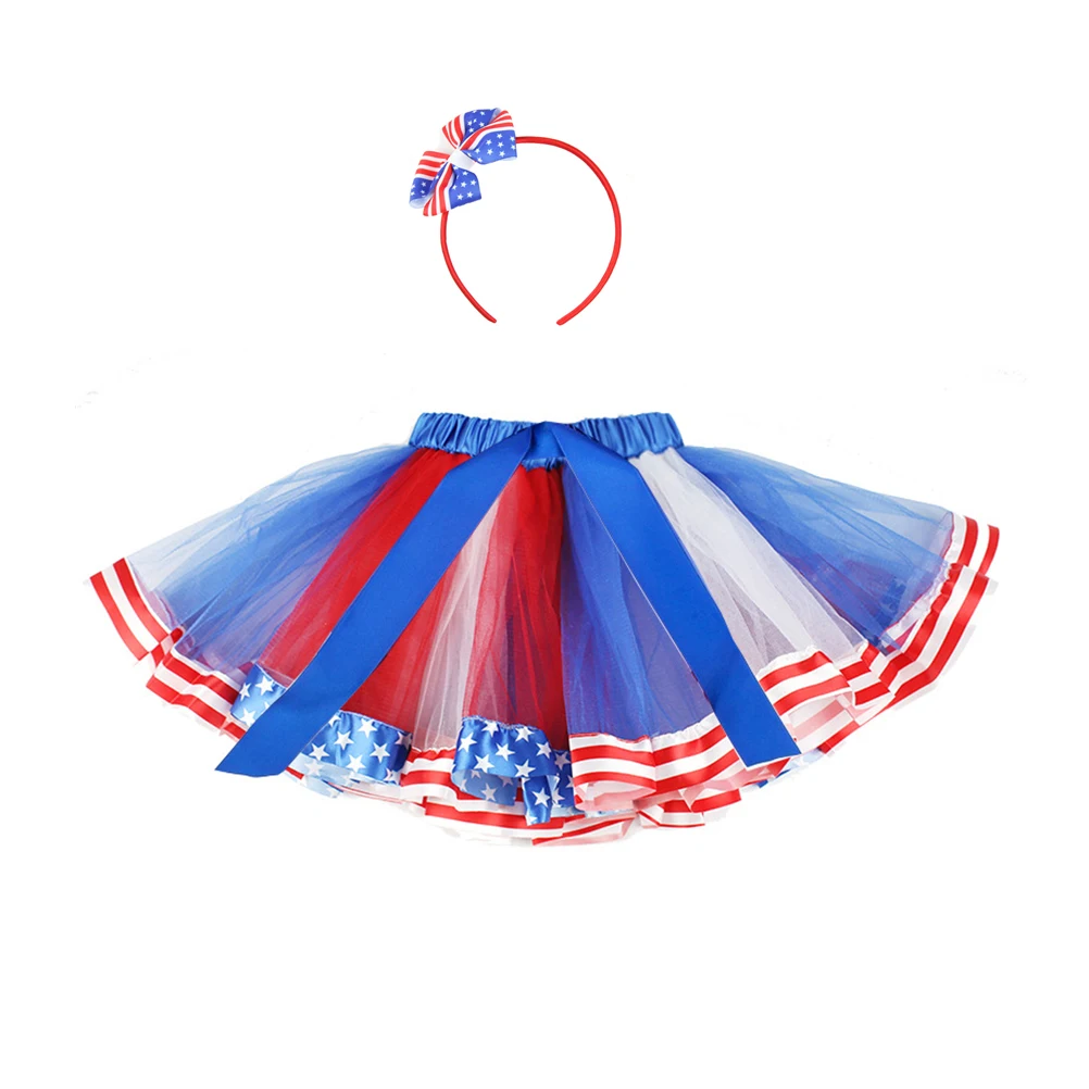 

2Pcs Flag Printed Mesh Skirt Fashion Women Dress Elastic Waist Party Dress for Independence Day Size S(Skirt+Hairhoop)