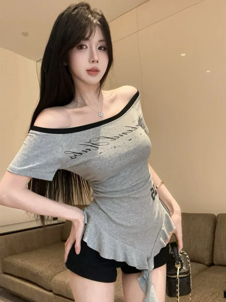 

American Retro Off-Shoulder Asymmetrical Sash T-Shirt Women Summer Pure Desirable Sexy Grey Waist-Cinching Slimming Shoulder ...