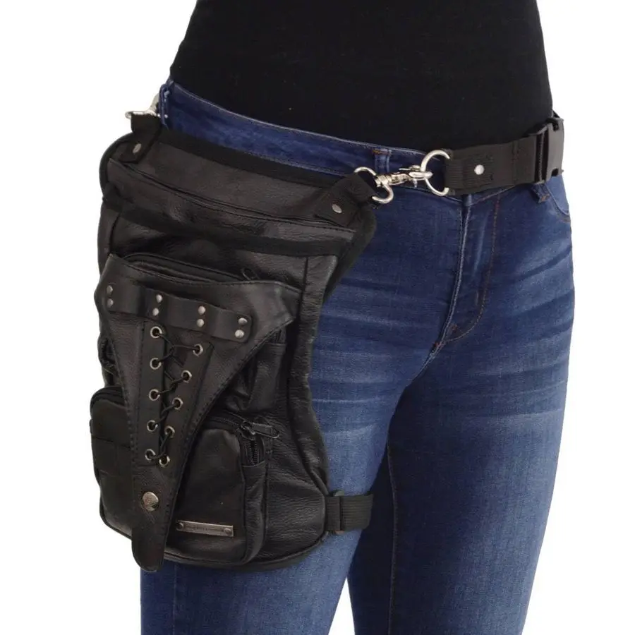 

Ladies Black Conceal and Carry Black Leather Thigh Bag with Waist Belt