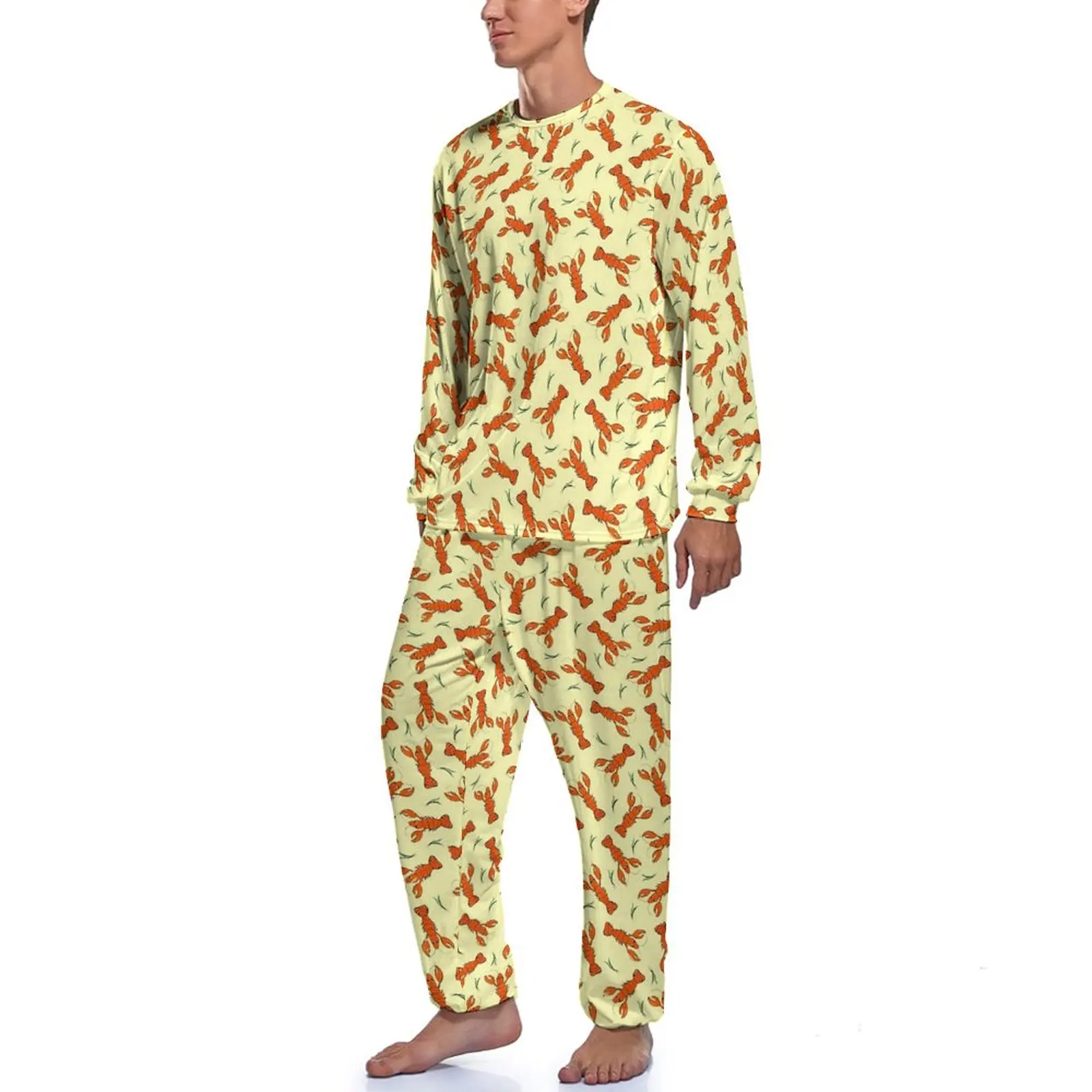 Cartoon Lobsters Pajamas Male Funny Animal Kawaii Nightwear Autumn Long Sleeve 2 Pieces Leisure Graphic Pajamas Set