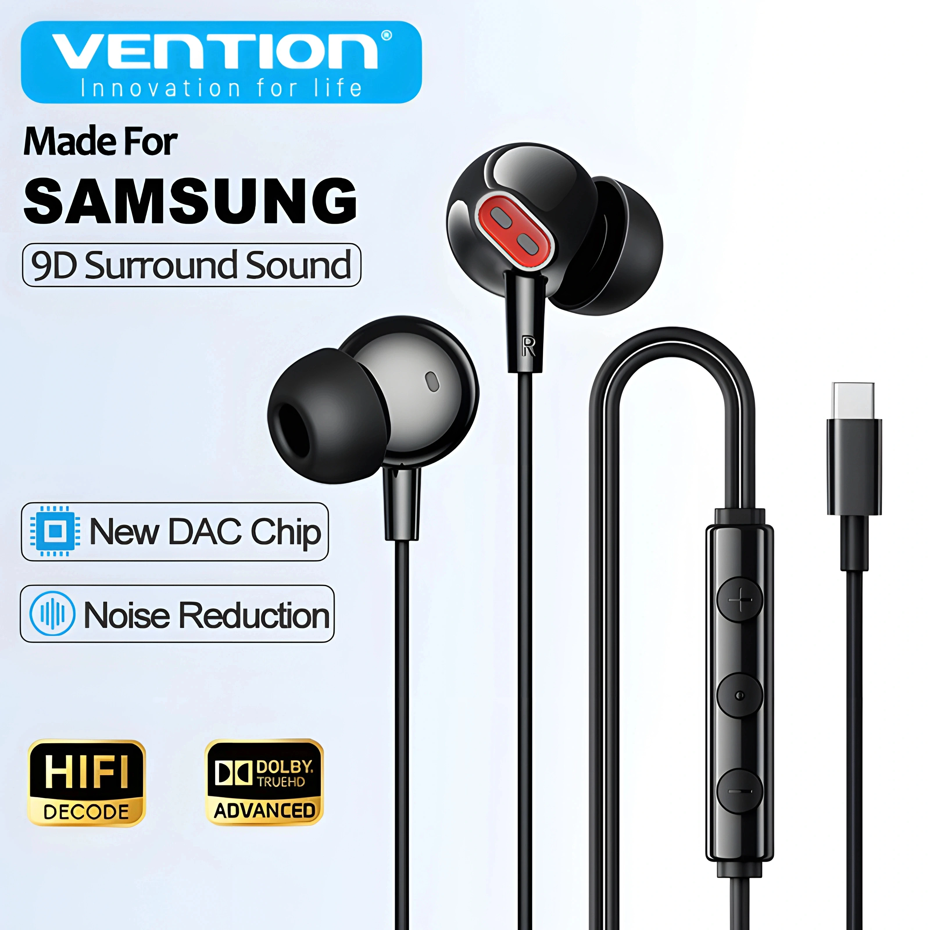 Fones de ouvido com fio Vention HiFi Bass Stereo com controle de volume, microfone, 3.5mm, som Dolby, USB Tipo C, áudio de alta resolução, intra-auriculares para Samsung