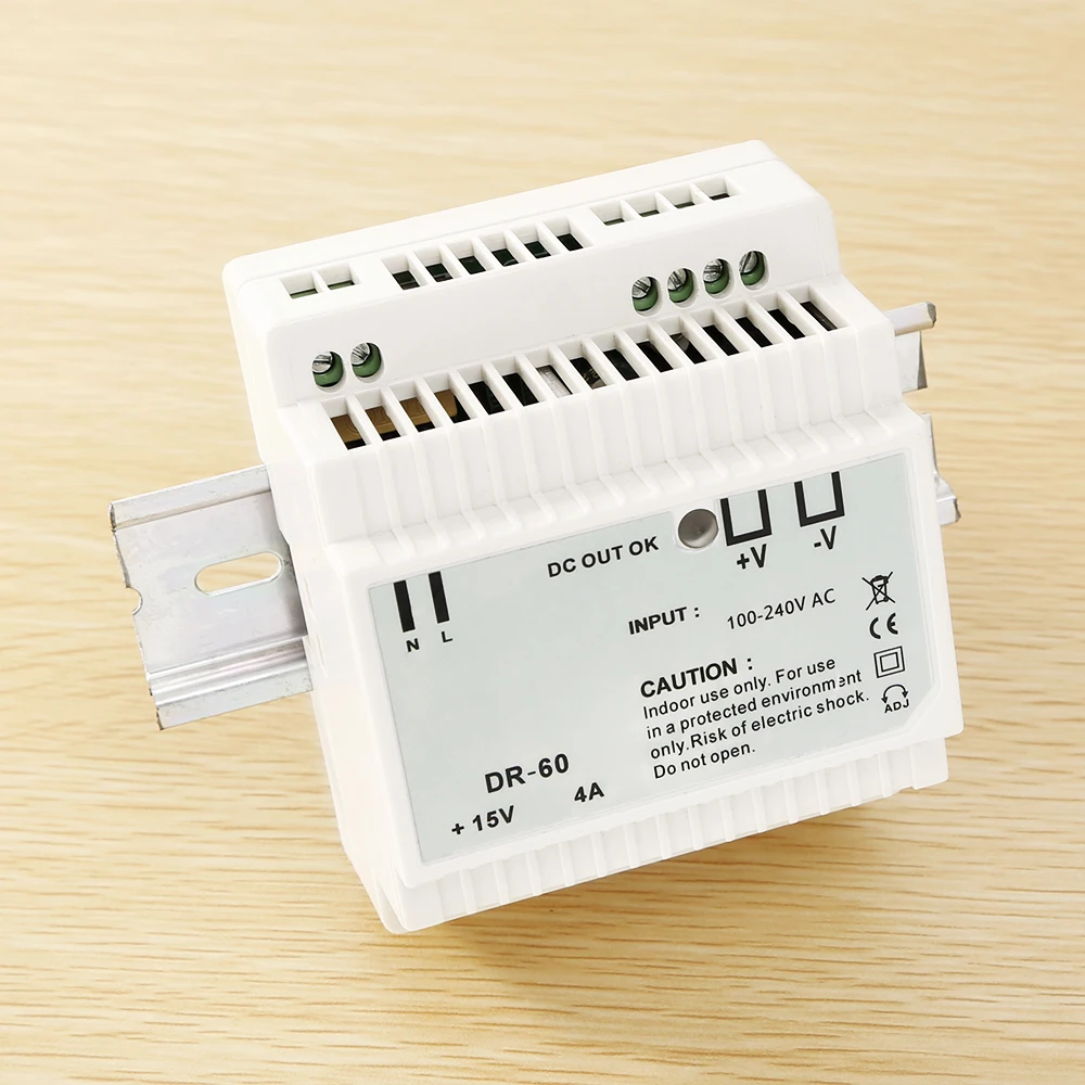 60W High Power DIN Rail Power Supply DR-60-15 15V 4A AC100-240V LED for CCTV Intercom Doorbell Security Overload Protection CE