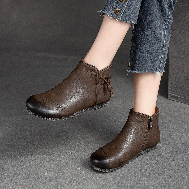 GKTINOO Winter Genuine Leather Ankle Boots 2024 Handmade Lady Soft Flat Shoes Comfortable Side Zip Ankle Boots Size 40