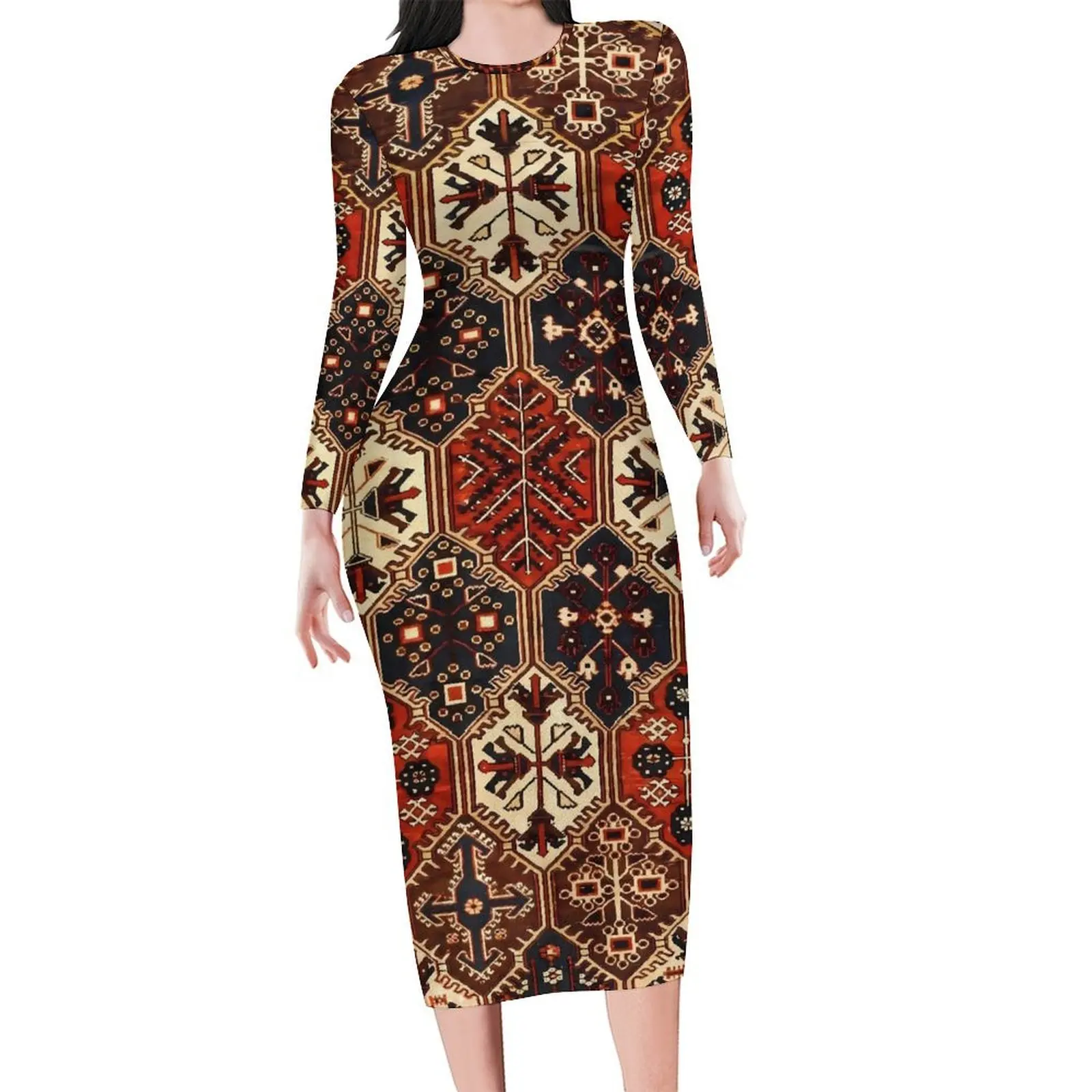 Tribal Vintage Ethnic Dress Women Patchwrok Print Aesthetic Bodycon Dress Holiday Long Sleeve Retro Dresses Oversize Clothing