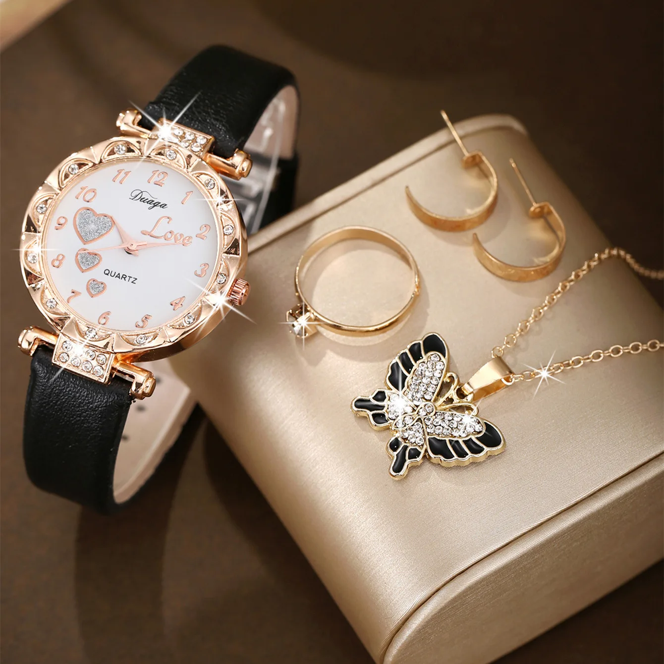 

1/4/5 шт. женские часы со сверкающими кристаллами и бриллиантовым циферблатом, модные и универсальные винтажные кожаные часы, комплект аксессуаров