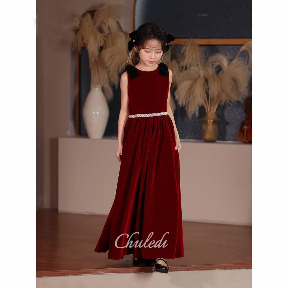 Girls' Dress Velvet Round Neck Sleeveless Floor-Length Pearl Belt Black Bow