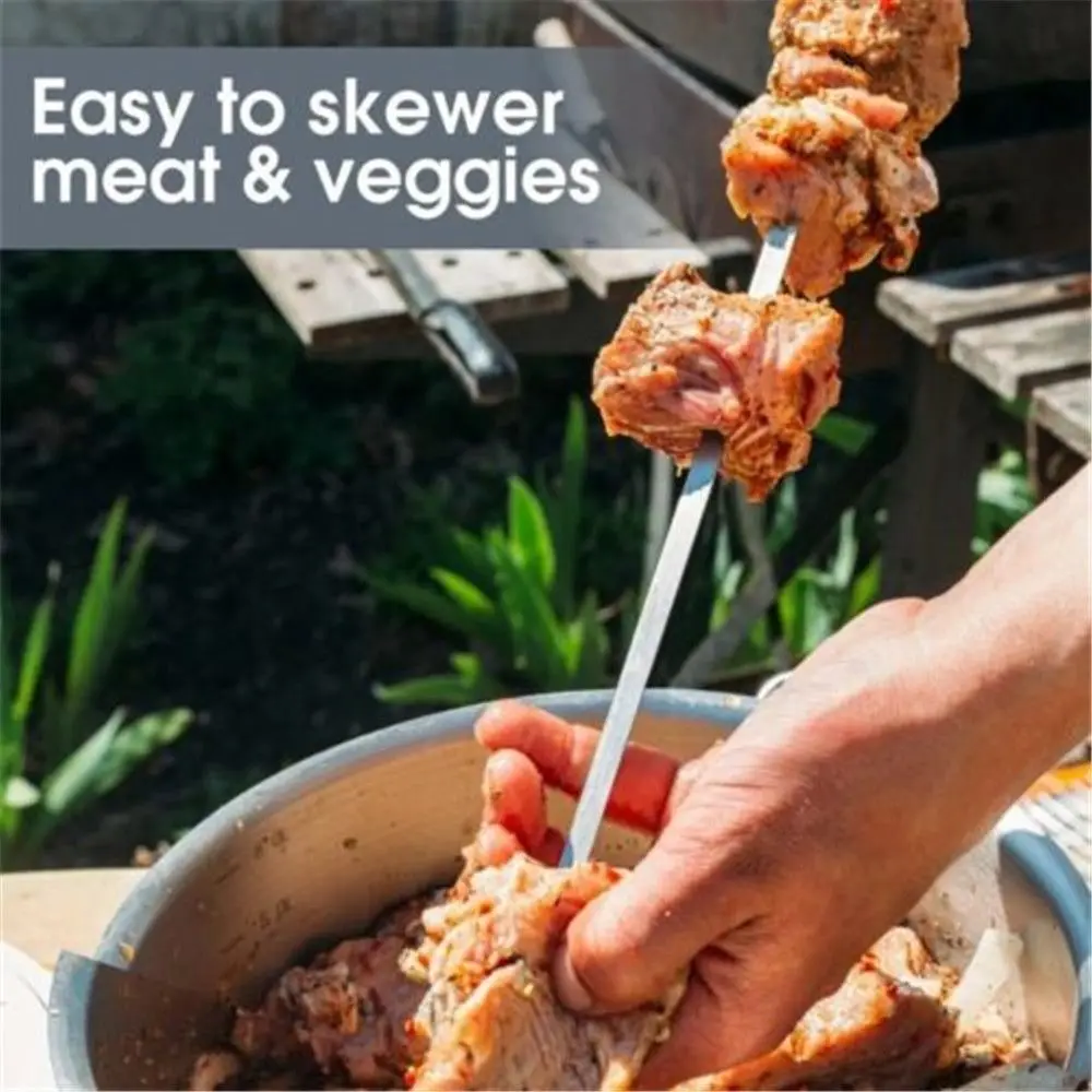 Brocheta Kabob de acero inoxidable de 20 piezas, larga y plana con tubo de almacenamiento, palo de aguja para barbacoa, palo asado reutilizable para asar, pícnic al aire libre