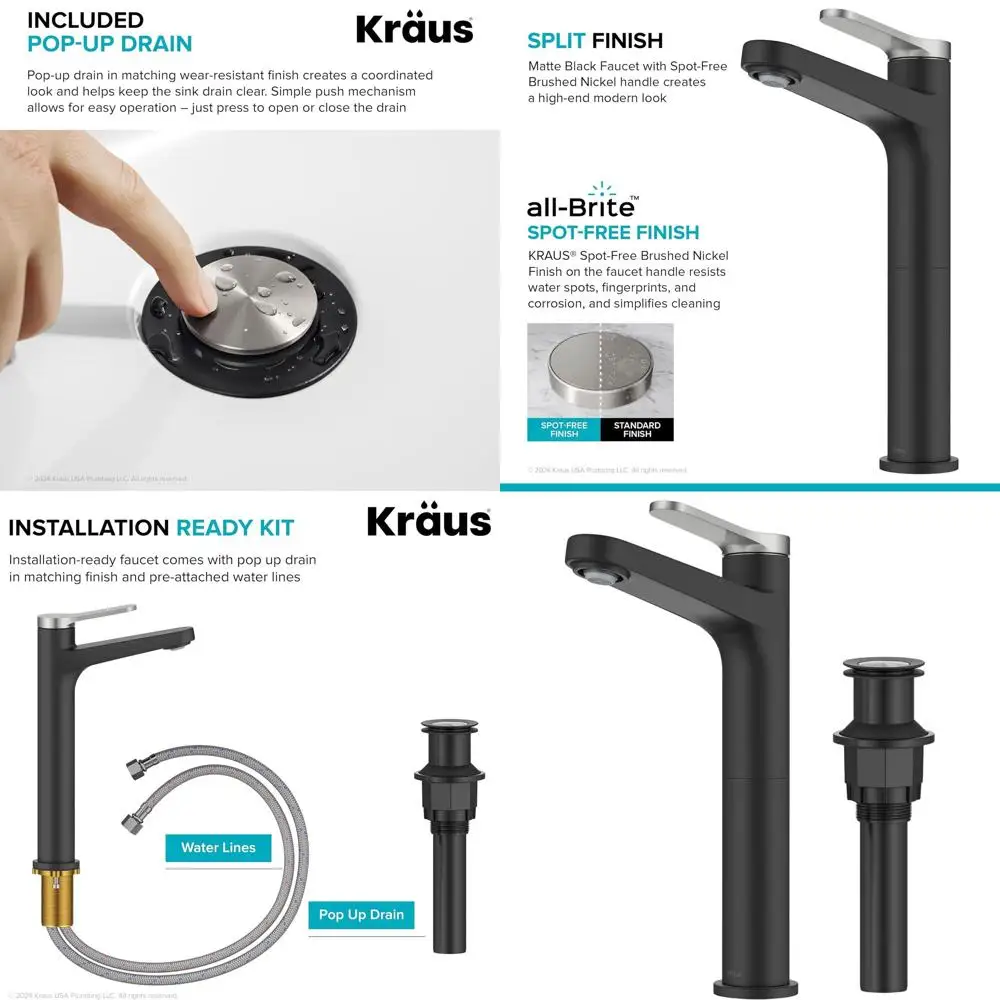 

Однорычажный смеситель для раковины из матового никеля/черного цвета с защитой от разводов, с выдвижным сливным клапаном и подводящими шлангами