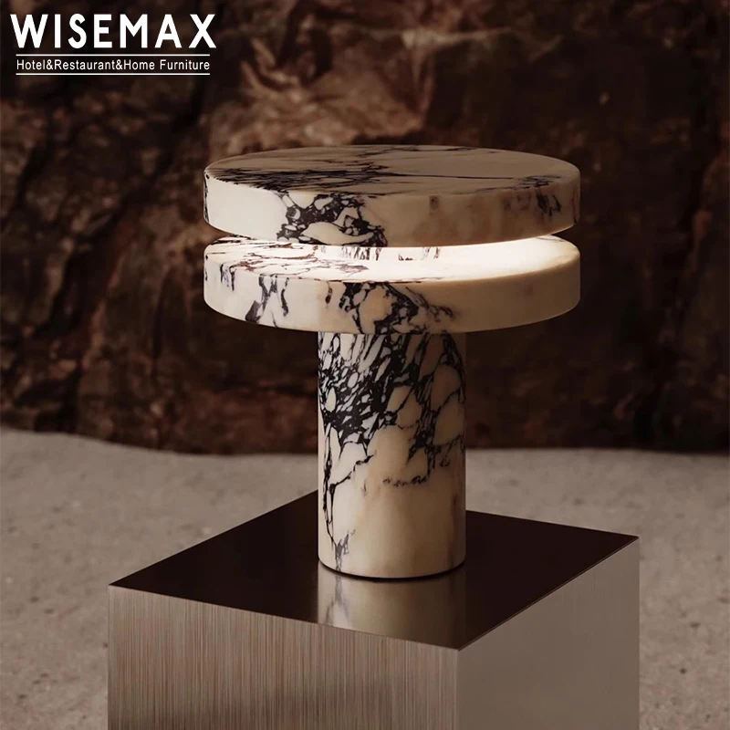 

WISEMAX FURNITURE Luxury LED Natural Marble Table Lamp For Bedroom Reading Cafe Home Decor Corner Calacatta Viola Marble Lamp