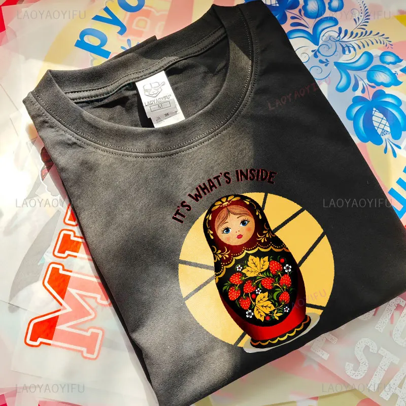 T-shirt en coton avec image de poupées russes pour femmes et hommes, chemises grises Matposhka, poupées gigognes drôles, Harajuku Y-Shir