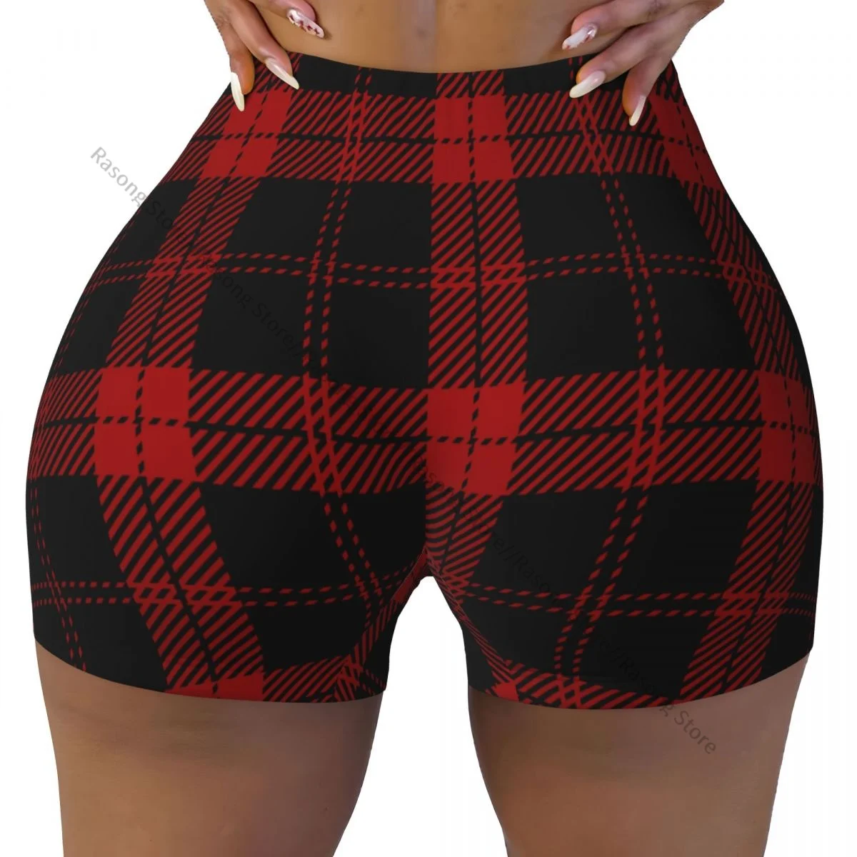 Push Up Short Elasticity Scrunch Butt Black Red Tartan Plaid Scottish Pattern Running Shorts Sports Shorts Womens Clothes Gym