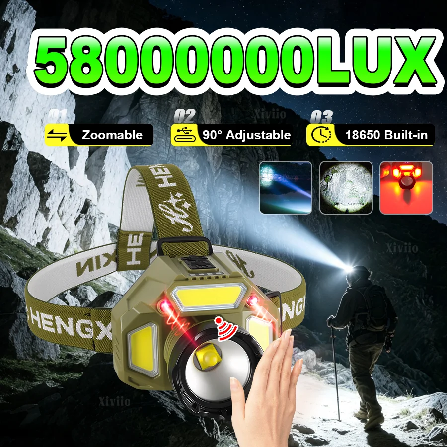 58000000LUX Powerful Headlamp Rechargeable Head Flashlight Lamp Wave Sensor Bicycle Head Lights 18650 Outdoor Run Fish Headlight