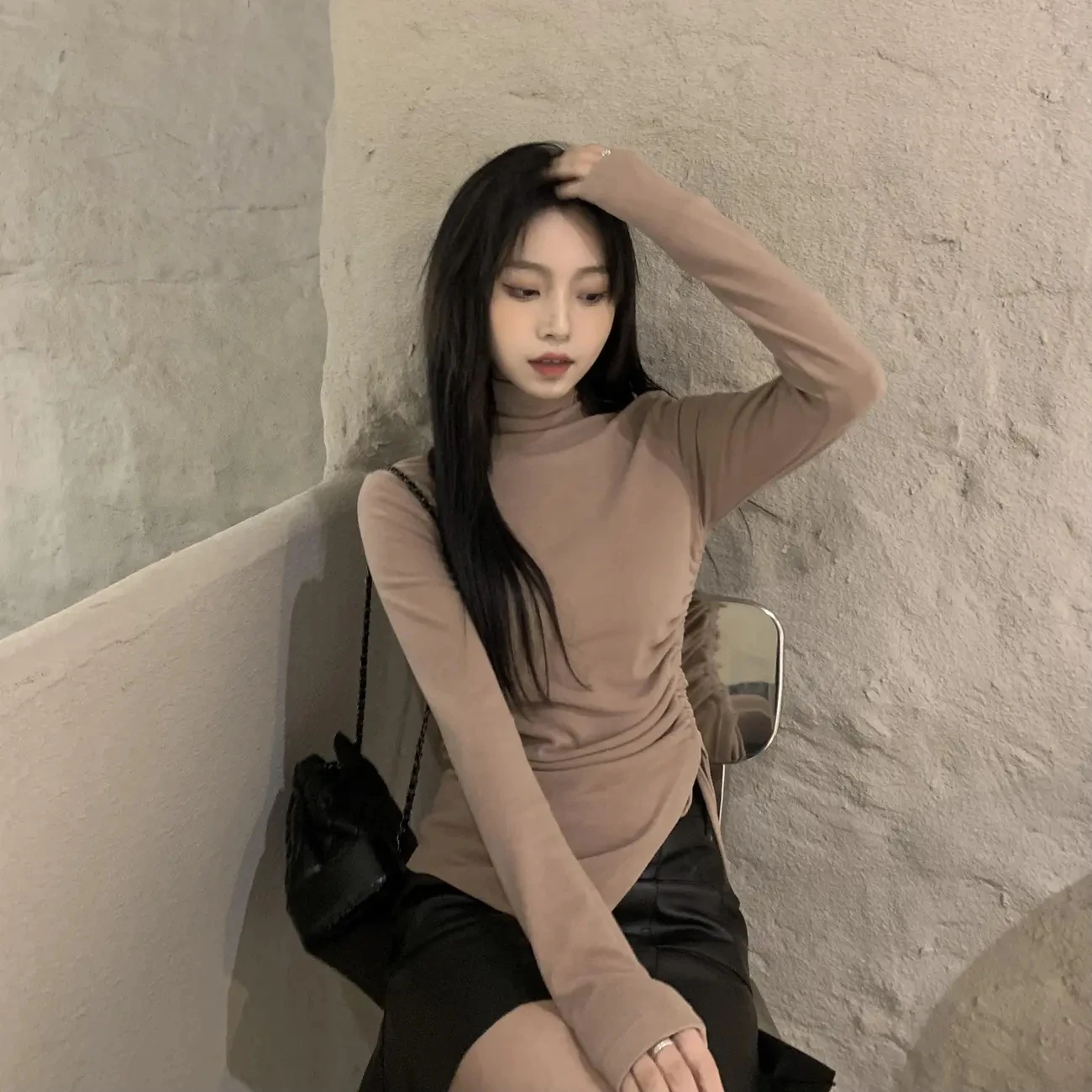 Fashion T Shirt Women Turtleneck Long Sleeve Autumn Winter Flock Undershirt T-shirt Women Split Tops Female Girl Casual Clothes