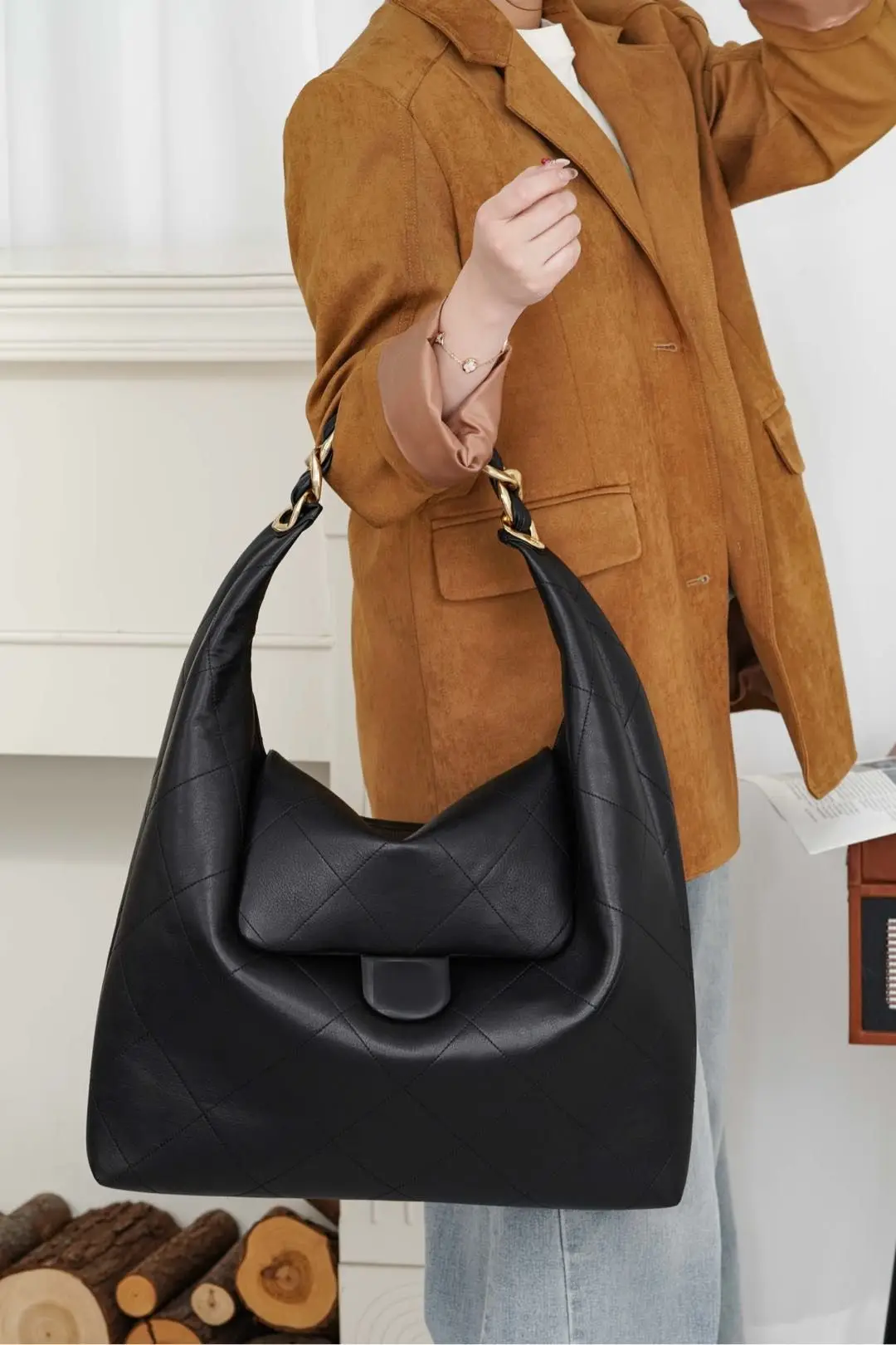 Casual Rhombus Quilted Big Tote Bag Solid Color Large Shoulder Handbag