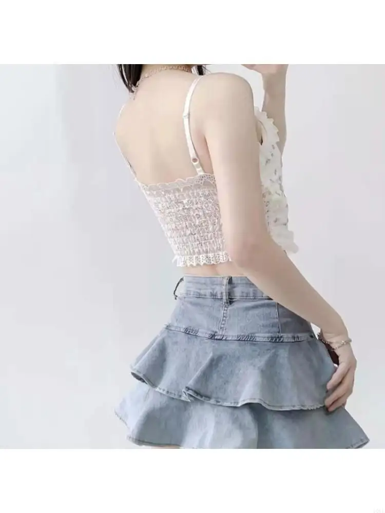 Sheer Mesh Cami Shirt Floral Embroidery Adjustable Spaghetti Straps Comfortable Bandeau With Bra Women Fashion Top 