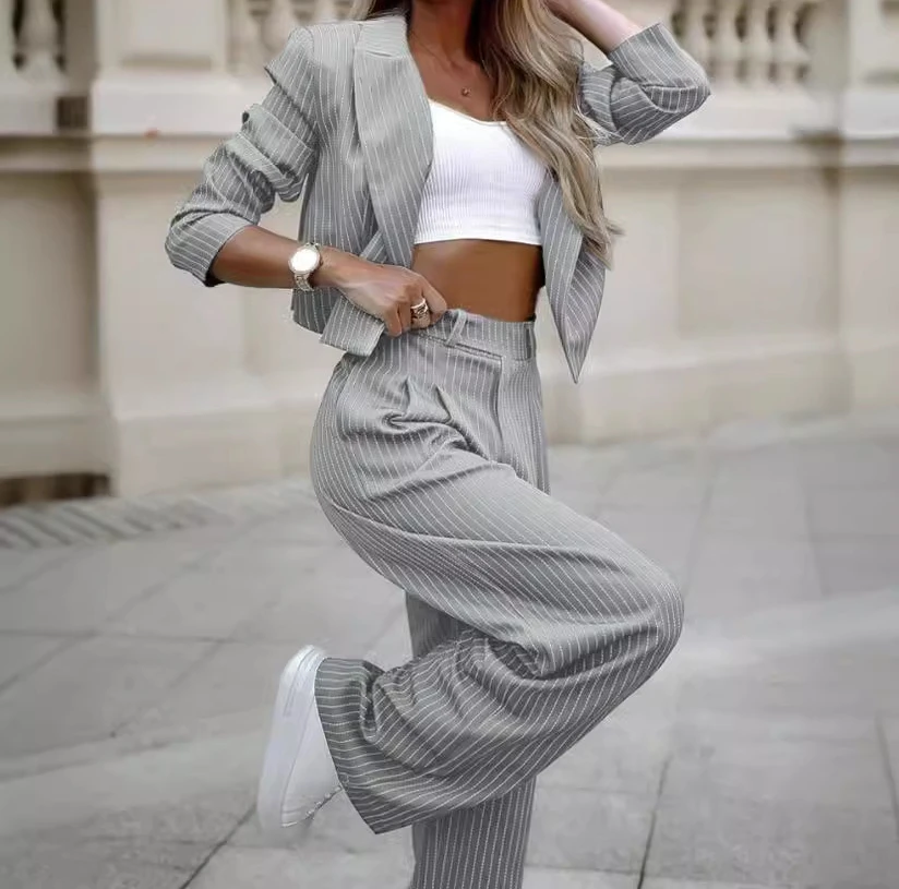 

Spring Outfits Women 2024 Fashion Versatile Casual Striped Short Lapel Coats Suit Straight Leg Pants 2 Piece Set Streetwear