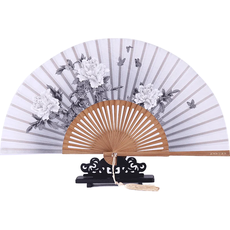 

Chinese Silk Antiquities Folding Fans Women's Hanfu Qipao Dance Bamboo Printing Fan Decorative Silk Craft Fan