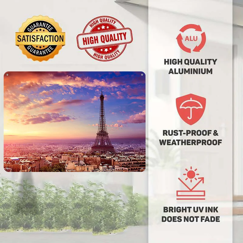 Paris Eiffel Tower and Sky Poster Retro 3D Printed Metal Signs Customized Wall Hanging Gift for Living Room Decorations Tin Sign