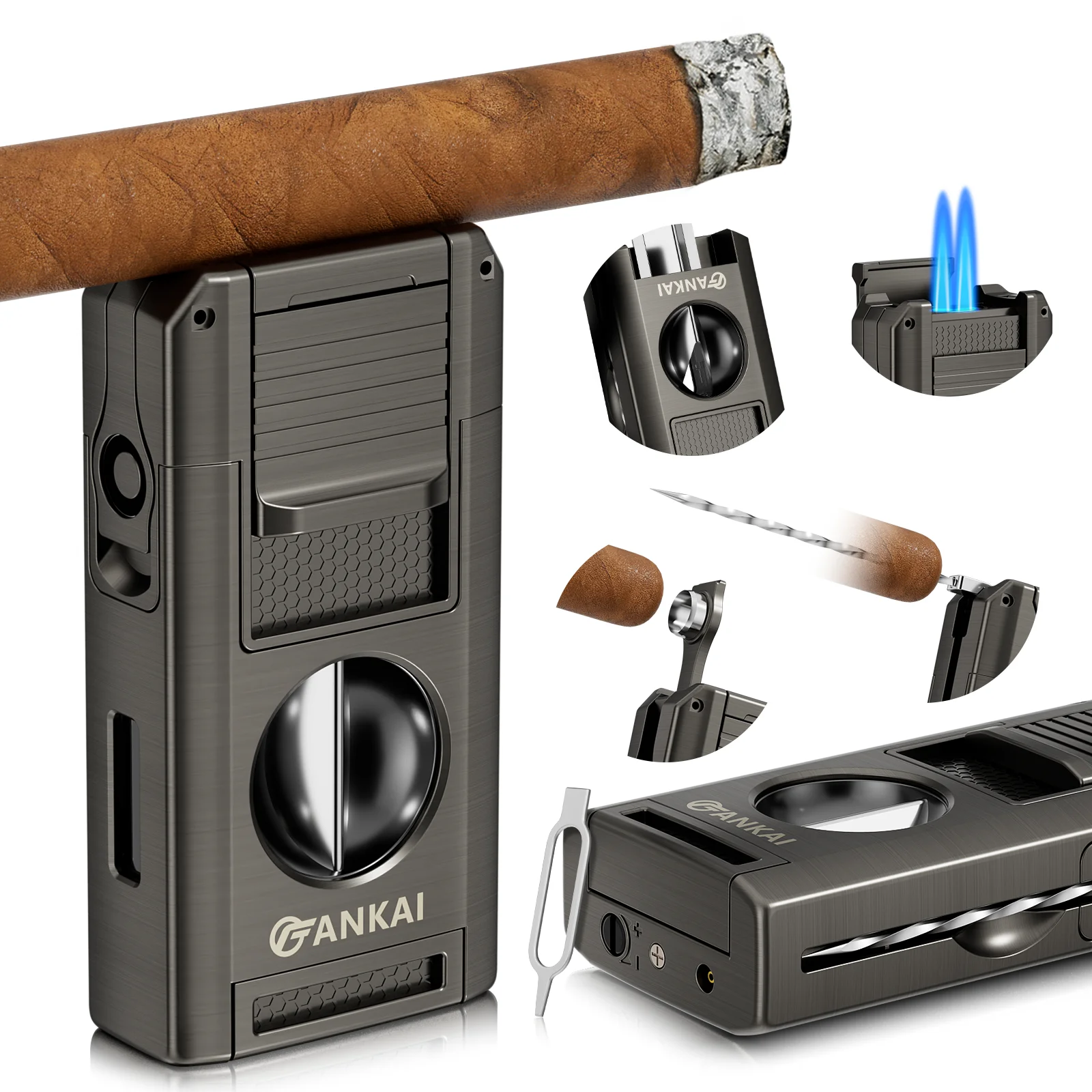 Cigar Lighter, 5 in 1 Cigar Torch with V Cutter, Cigar Punch, Cigar Stand, Cigar Poker, Butane Lighter Double Jet Flame,Gift